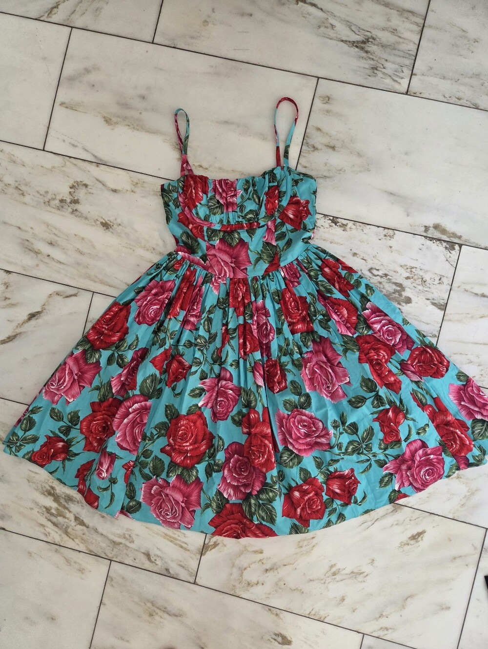 Bernie Dexter Paris Style Red And Pink Large Rose Print Swing Dress Size M - Picture 2 of 8